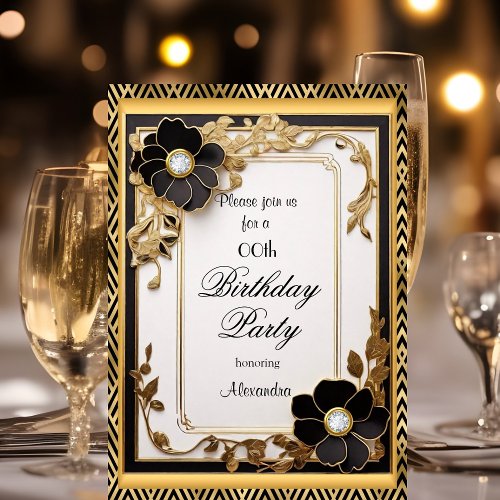 Birthday Party Black floral Black Gold stripe  Invitation