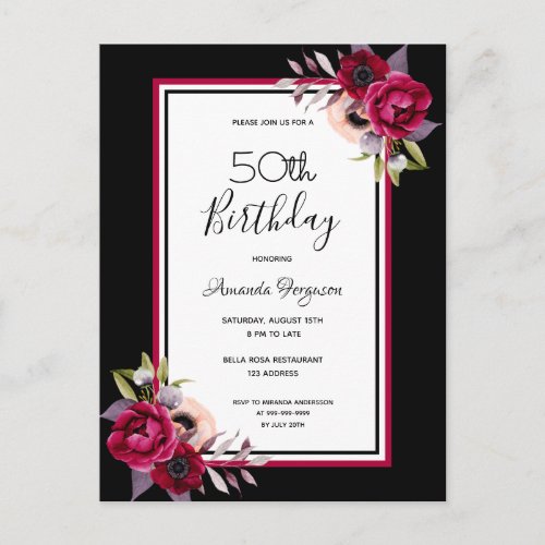 Birthday party black floral burgundy invitation postcard