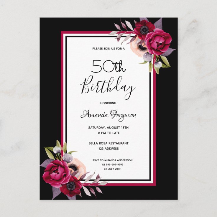 Birthday party black floral burgundy invitation postcard | Zazzle