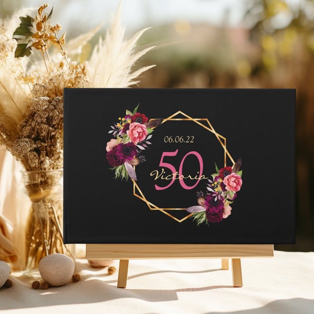 Birthday party black florals geometric burgundy guest book (Creator Uploaded)