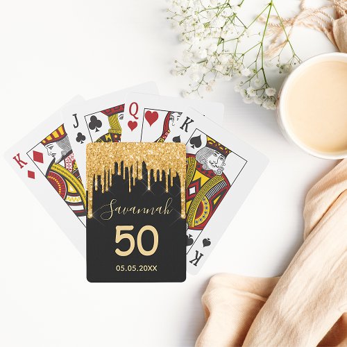 Birthday party black glitter gold sparkle name poker cards