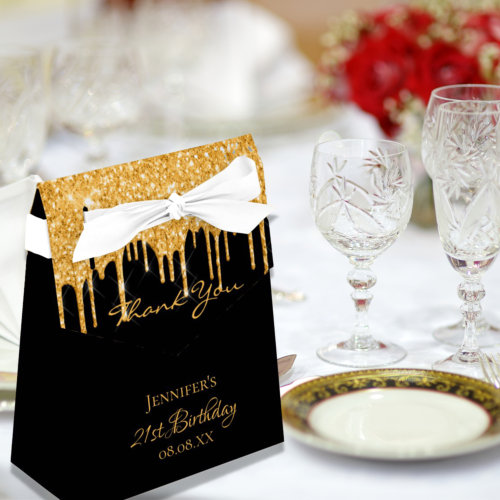 Birthday Party black glitter gold thank you