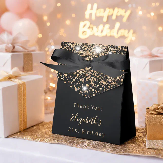 Birthday Party black glitter gold thank you Favor Boxes | Zazzle