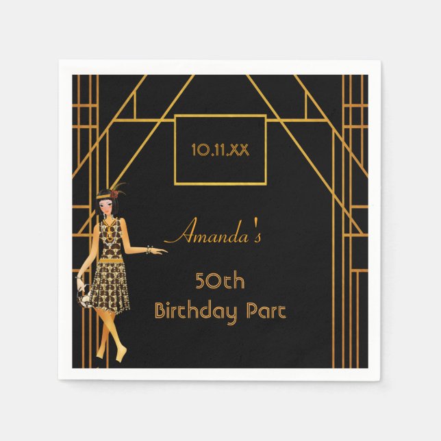 Birthday party black gold 1920's art deco retro napkins (Front)