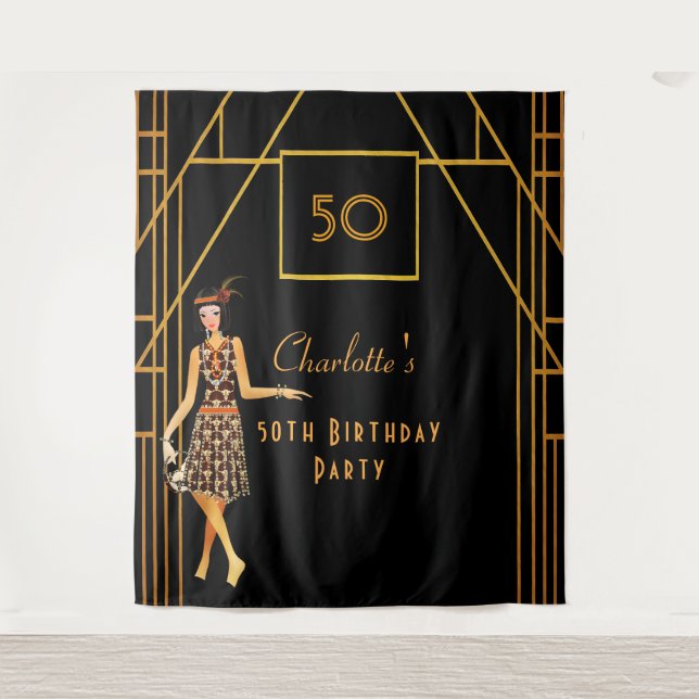 Birthday party black gold 1920's art deco retro tapestry (Front)