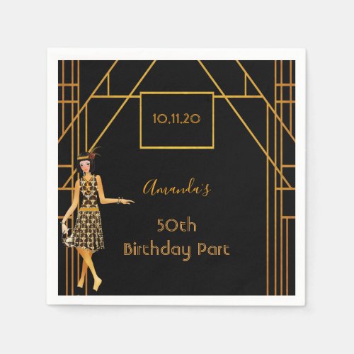 Birthday party black gold 1920s art deco style napkins