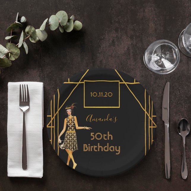 Birthday party black gold 1920's art deco style paper plates (Creator Uploaded)