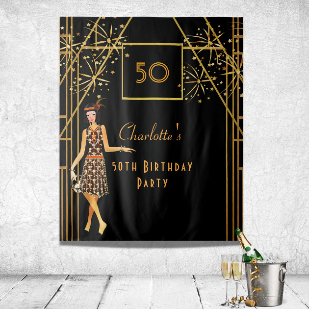 Birthday Party Black Gold 1920's Art Deco Style Tapestry | Zazzle