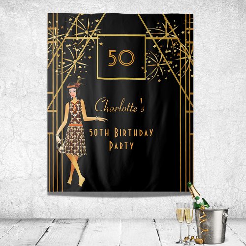 Birthday party black gold 1920s art deco style tapestry