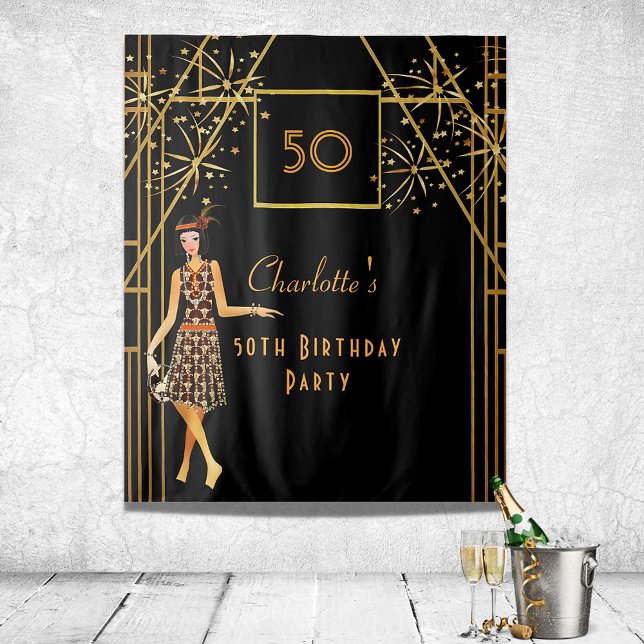 Birthday party black gold 1920's art deco style tapestry (Creator Uploaded)