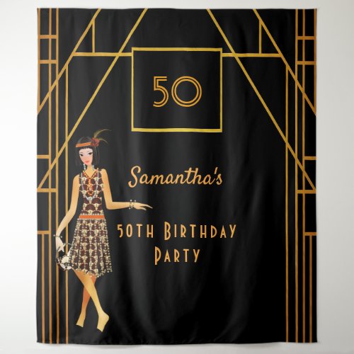 Birthday party black gold 1920s art deco style tapestry