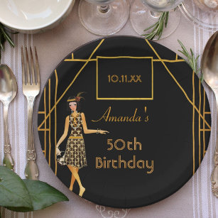 Birthday party black gold 1920's style art deco paper plates