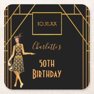 Birthday Party black gold 1920's style art deco Square Paper Coaster
