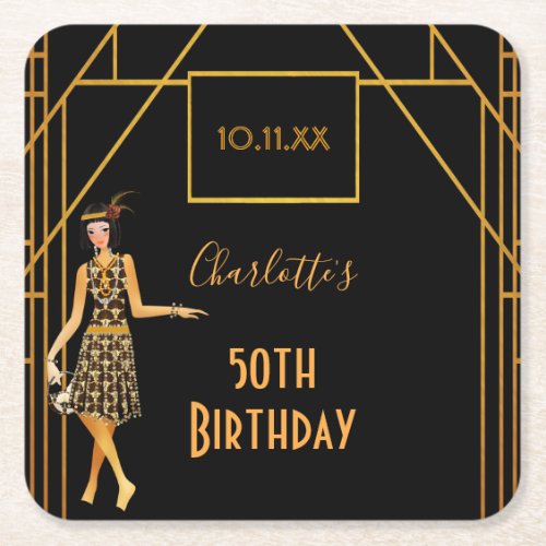 Birthday Party black gold 1920s style art deco Square Paper Coaster