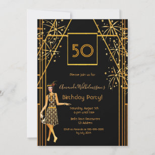 Birthday Party black gold 1920's style fireworks Invitation