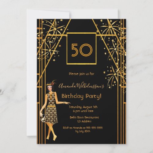 Birthday Party black gold 1920s style fireworks Invitation