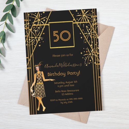 Birthday Party black gold 1920s style fireworks Invitation