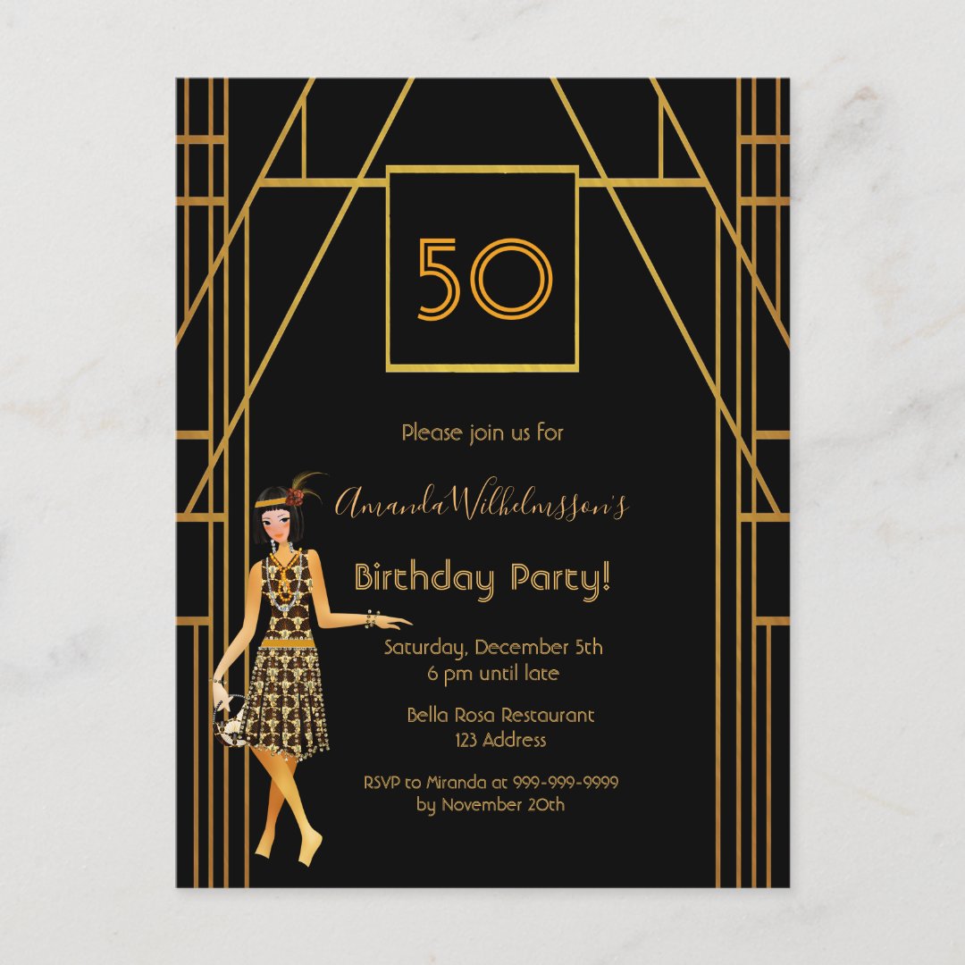 Birthday Party Black Gold 1920's Style Invitation Postcard 