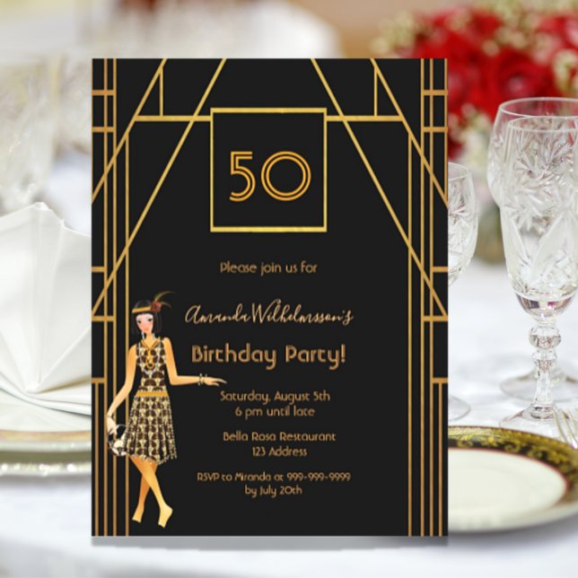 Birthday Party black gold art deco invitation Postcard (Creator Uploaded)