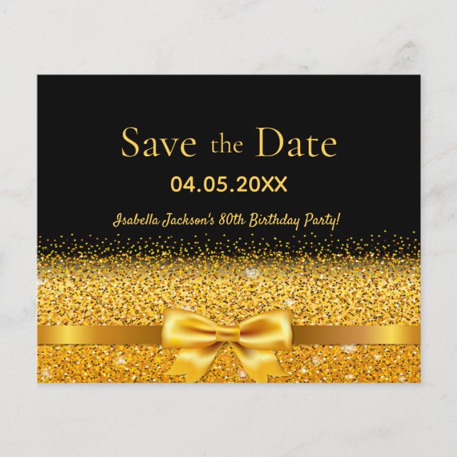 Birthday party black gold bow budget save the date flyer (Front)