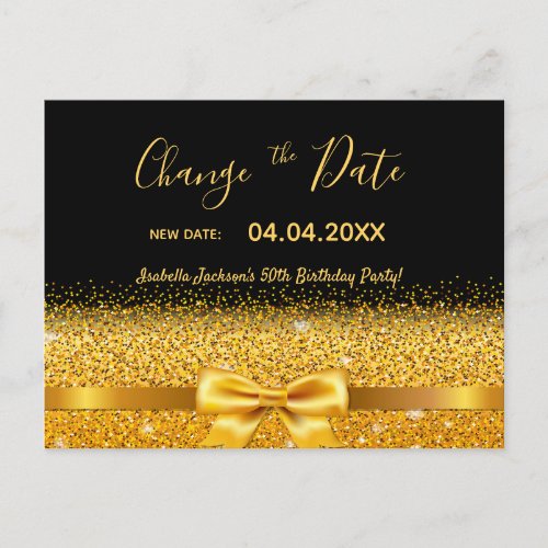 Birthday party black gold bow change the date postcard