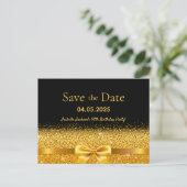 Birthday party black gold bow save the date postcard (Standing Front)