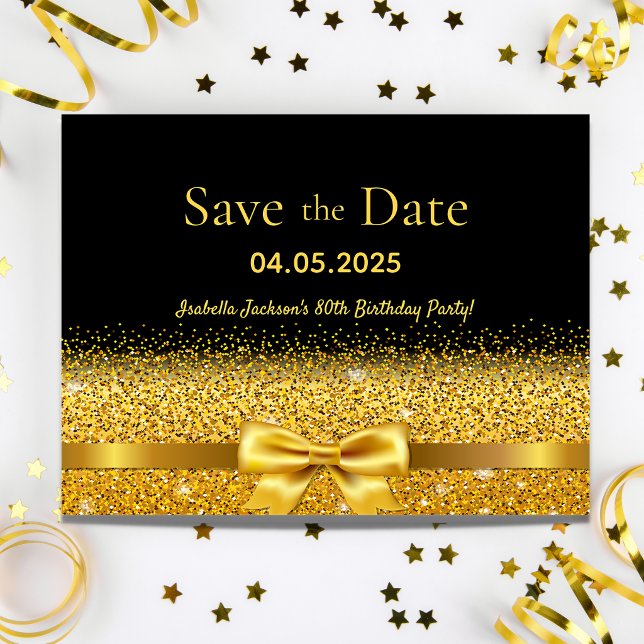 Birthday party black gold bow save the date postcard