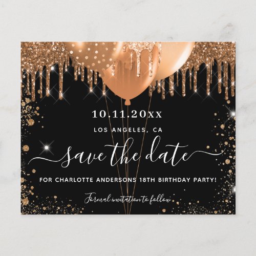 Birthday party black gold budget save the date flyer