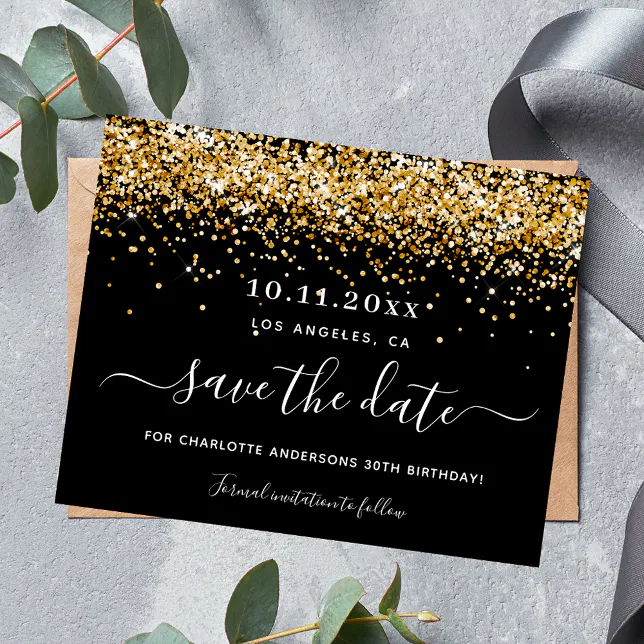 Birthday party black gold budget save the date flyer Zazzle