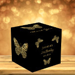 Birthday party black gold butterflies name favor boxes<br><div class="desc">Elegant, classic, glamorous and girly for a 21st (or any age) birthday party favors. A chic black background color. On the front and the back: The text: 21st Birthday and Thank You written with a modern hand lettered style script. Decorated with golden butterflies. Personalize and add a name and a...</div>
