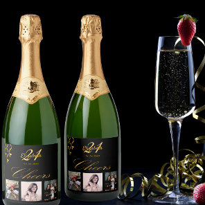 Birthday party black gold cheers photo sparkling wine label
