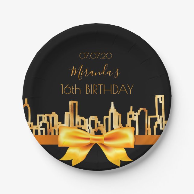 Birthday party black gold city skyline bow paper plates (Front)