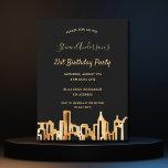 Birthday party black gold city skyline invitation<br><div class="desc">An invitation for an elegant 21st (or any age) birthday party for both him,  guys or her,  women.  An elegant black background with faux gold city skyline as decoration. The text: The name is written with a golden modern hand lettered style script. Template for name,  and party details.</div>