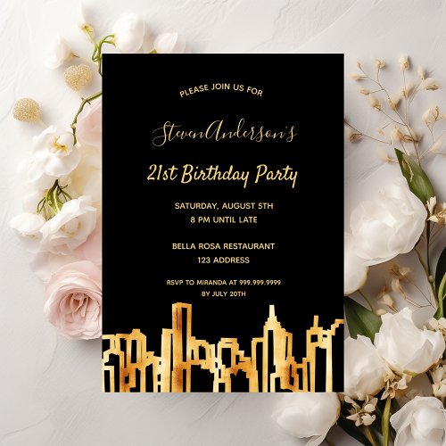 Birthday party black gold city skyline invitation