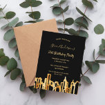 Birthday party black gold city skyline invitation postcard<br><div class="desc">An invitation for an elegant 21st (or any age) birthday party for both him, guys or her, women. An elegant black background with faux gold city skyline as decoration. The text: The name is written with a golden modern hand lettered style script. Template for name, and party details. Back: a...</div>