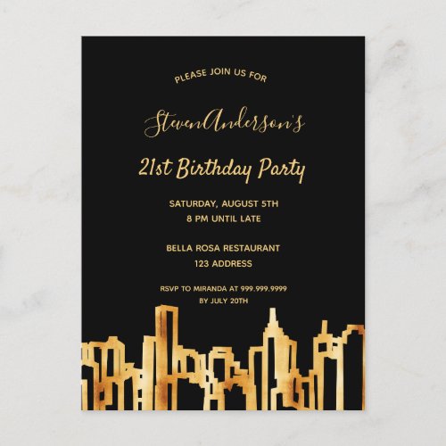 Birthday party black gold city skyline invitation postcard
