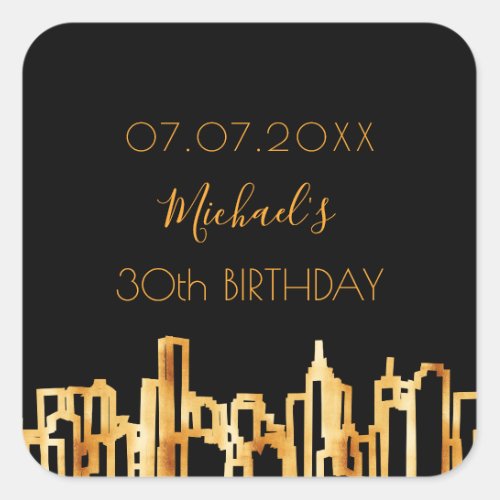 Birthday party black gold city skyline modern square sticker