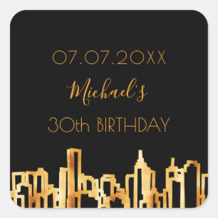 Birthday party black gold city skyline modern square sticker