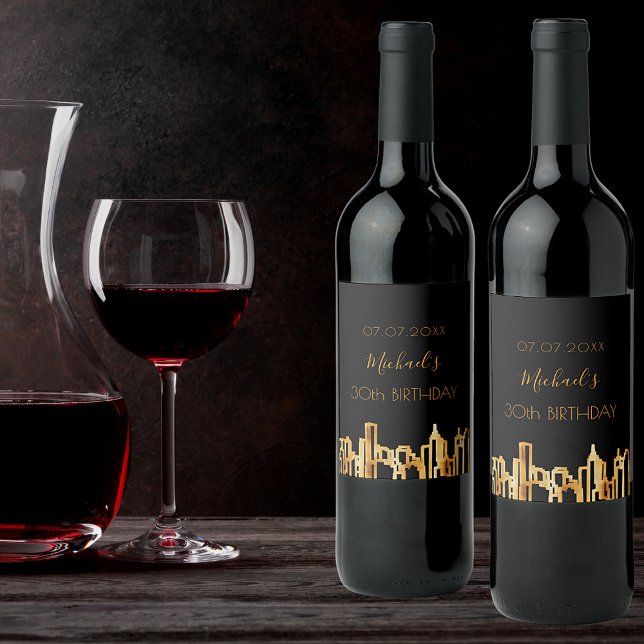 Birthday party black gold city skyline modern wine label (Creator Uploaded)