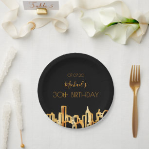 Birthday party black gold city skyline name paper plates