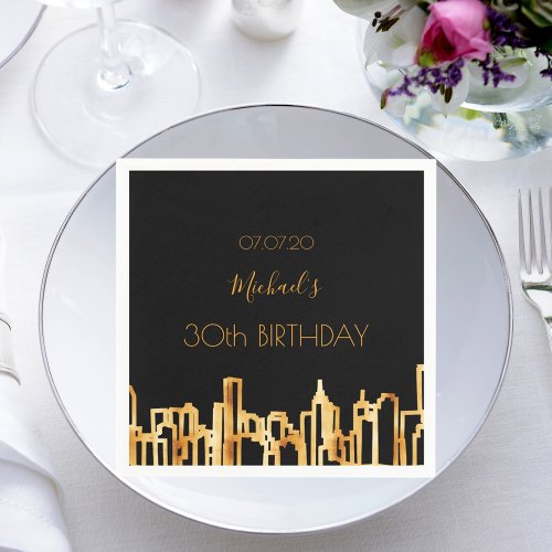 Birthday party black gold city skyline napkins