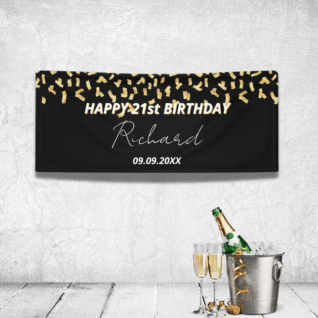 Birthday party black gold confetti banner | Zazzle