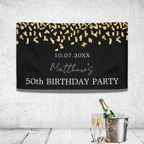 Birthday party black gold confetti banner