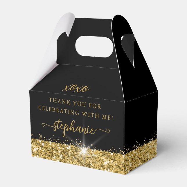 Birthday Party Black Gold Confetti Glitter Favor Boxes (Front Side)