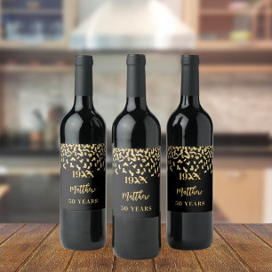 Birthday party black gold confetti name years wine label