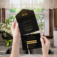 Birthday party black gold confetti RSVP