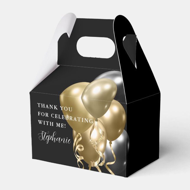 Birthday Party Black Gold Elegant Balloons Favor Boxes (Front Side)