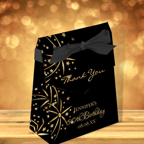 Birthday party black gold fireworks elegant glam favor boxes