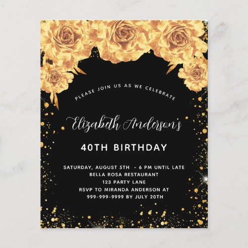Birthday party black gold floral budget invitation flyer