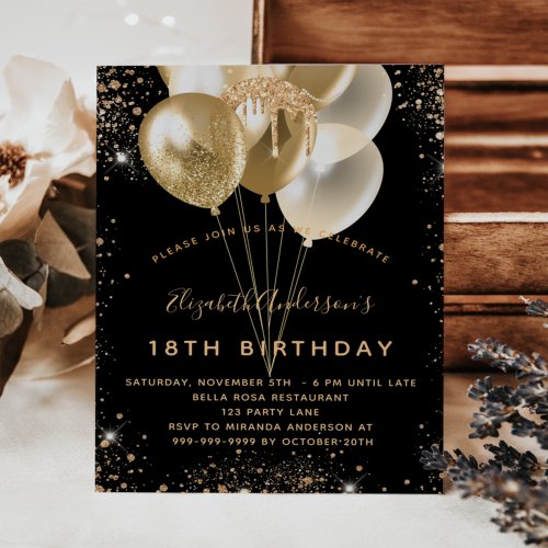 Birthday party black gold glitter balloons budget flyer